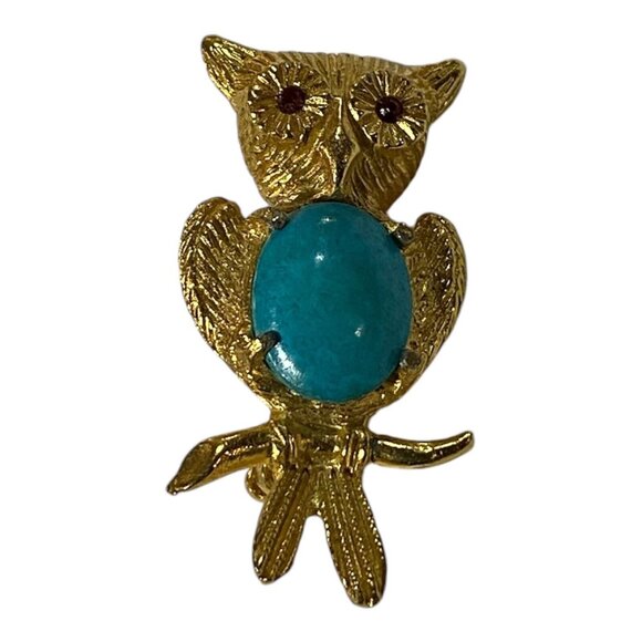 Vtg Gold Toned Owl Turquoise Jelly Belly Body & Red Rhinestone Eyes Brooch Pin - Picture 2 of 4